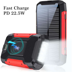 Factory OEM 30000mAh Solar Power Bank PD 22.5W Built in Cables Fast Charge Qi Wireless Charge 15W Portable Outdoor with Light