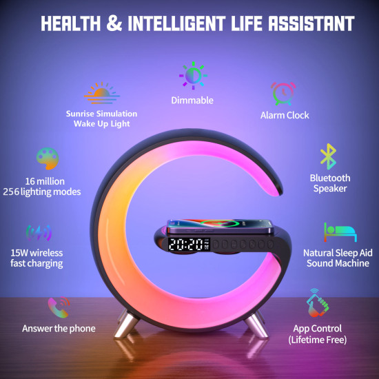 Bedside Table Lamp, Wireless Charger, Alarm Clock, Speaker, and RGB Night Light Charging Station Bedside Table Lamp, Wireless Charger, Alarm Clock, Speaker, and RGB Night Light Charging Station
